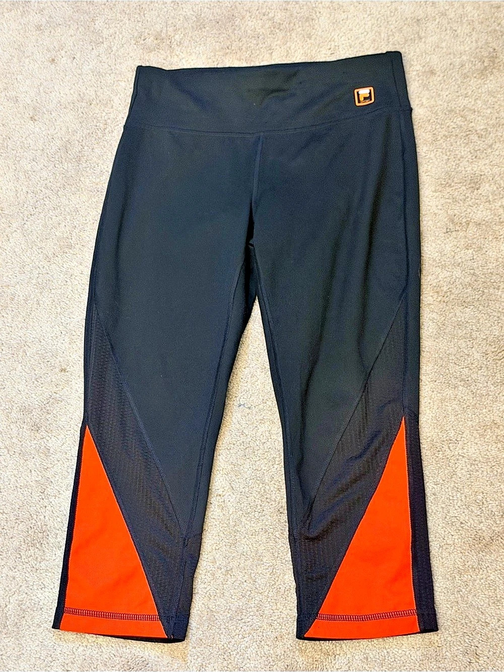 Woman's FILA Sport Black Orange Colorblock Mesh Capri Leggings M Drawstring Yoga